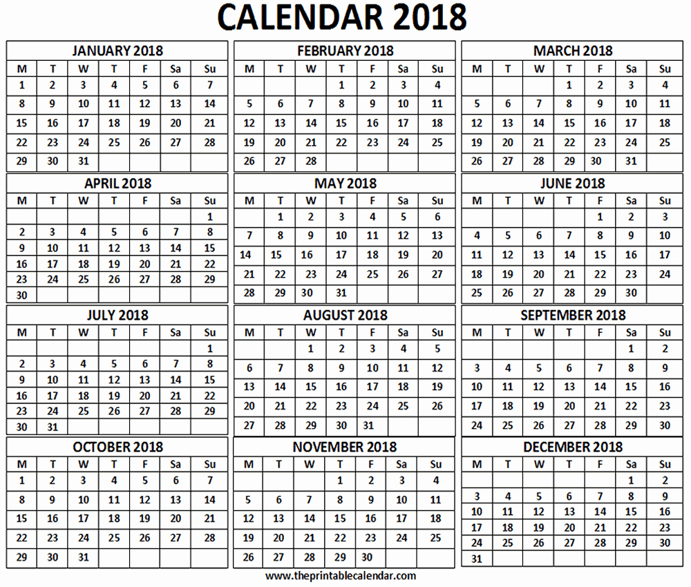 12 Month Calendar 2018 Printable Elegant 2018 Calendar 12 Months Calendar On One Page Free