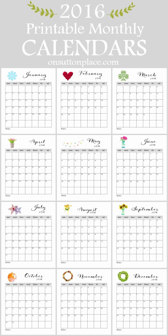 12 Month Calendar for 2016 Elegant 2016 Printable Monthly Calendar