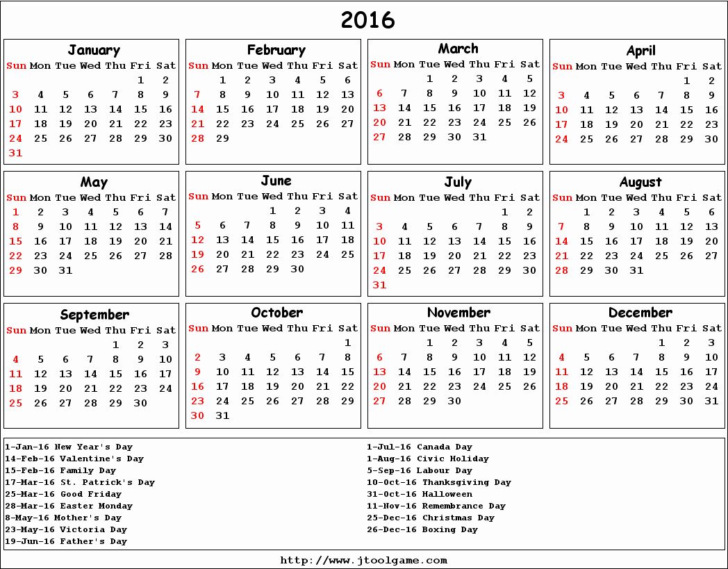 12 Month Calendar for 2016 New Calendar with Holidays 2016