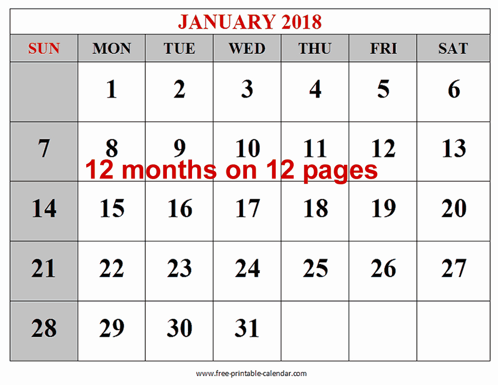12 Month Printable Calendar 2018 Best Of 12 Month 2018 Calendar Large Dates Landscape Layout Sunday