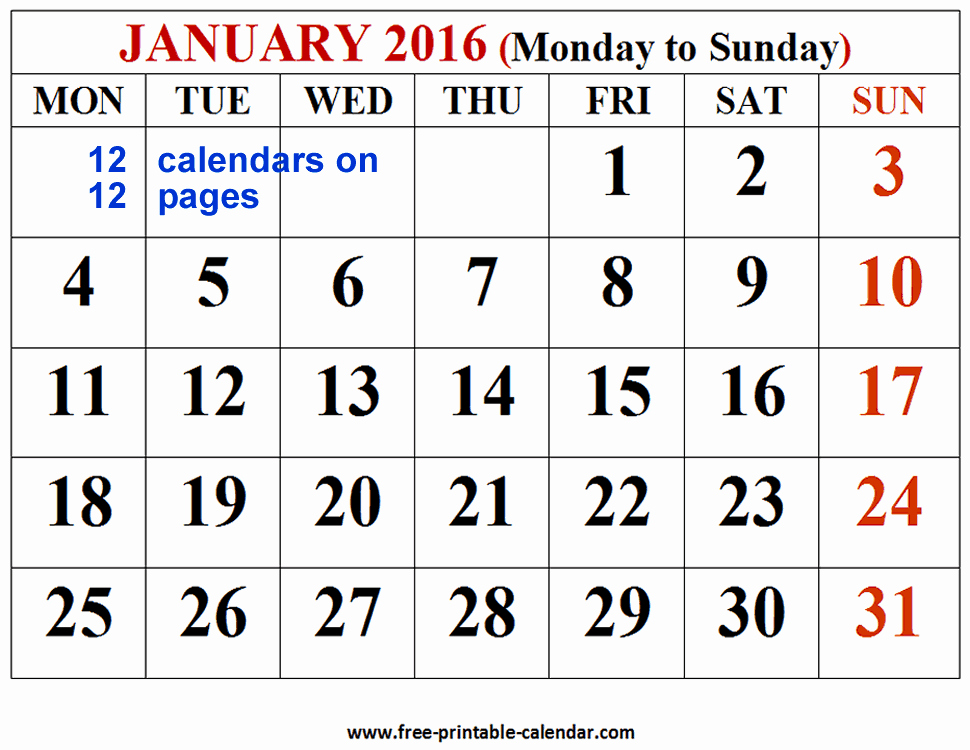 12 Months Calendar 2016 Printable Unique Free Printable 12 Month Calendar – Calendar Template 2019