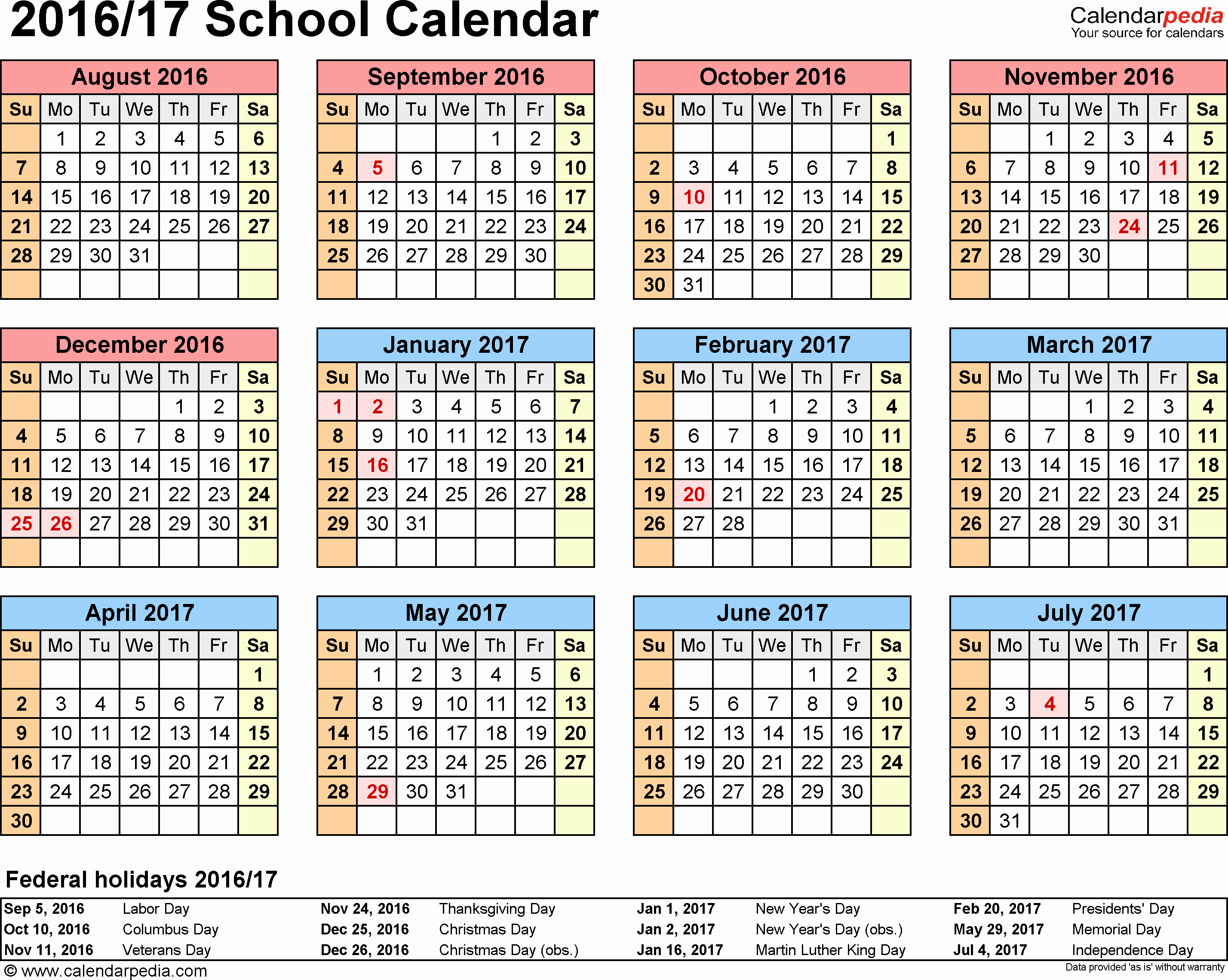 2016 2017 School Calendar Template Beautiful School Calendars 2016 2017 as Free Printable Word Templates