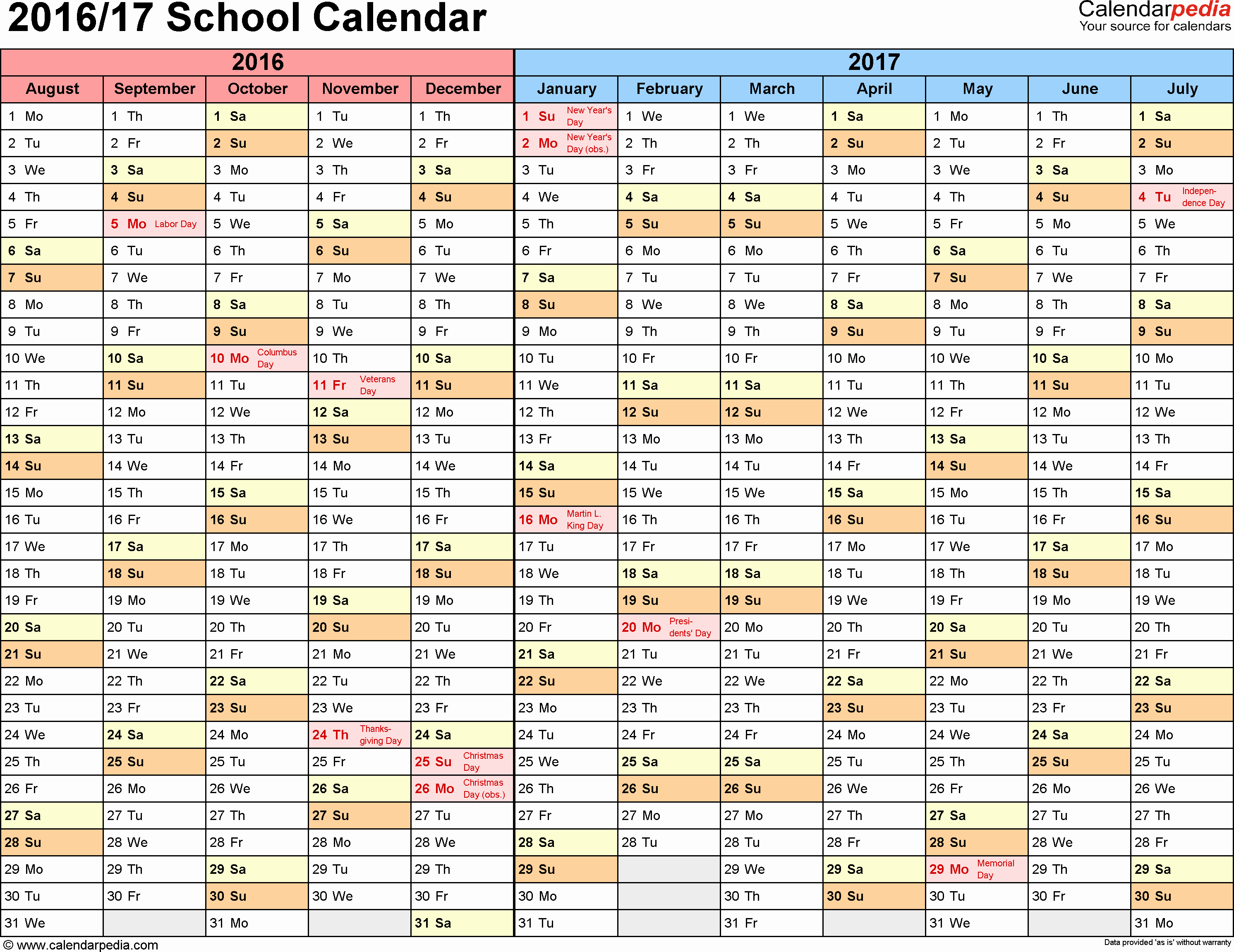 2016 2017 School Calendar Template Fresh School Calendars 2016 2017 as Free Printable Pdf Templates