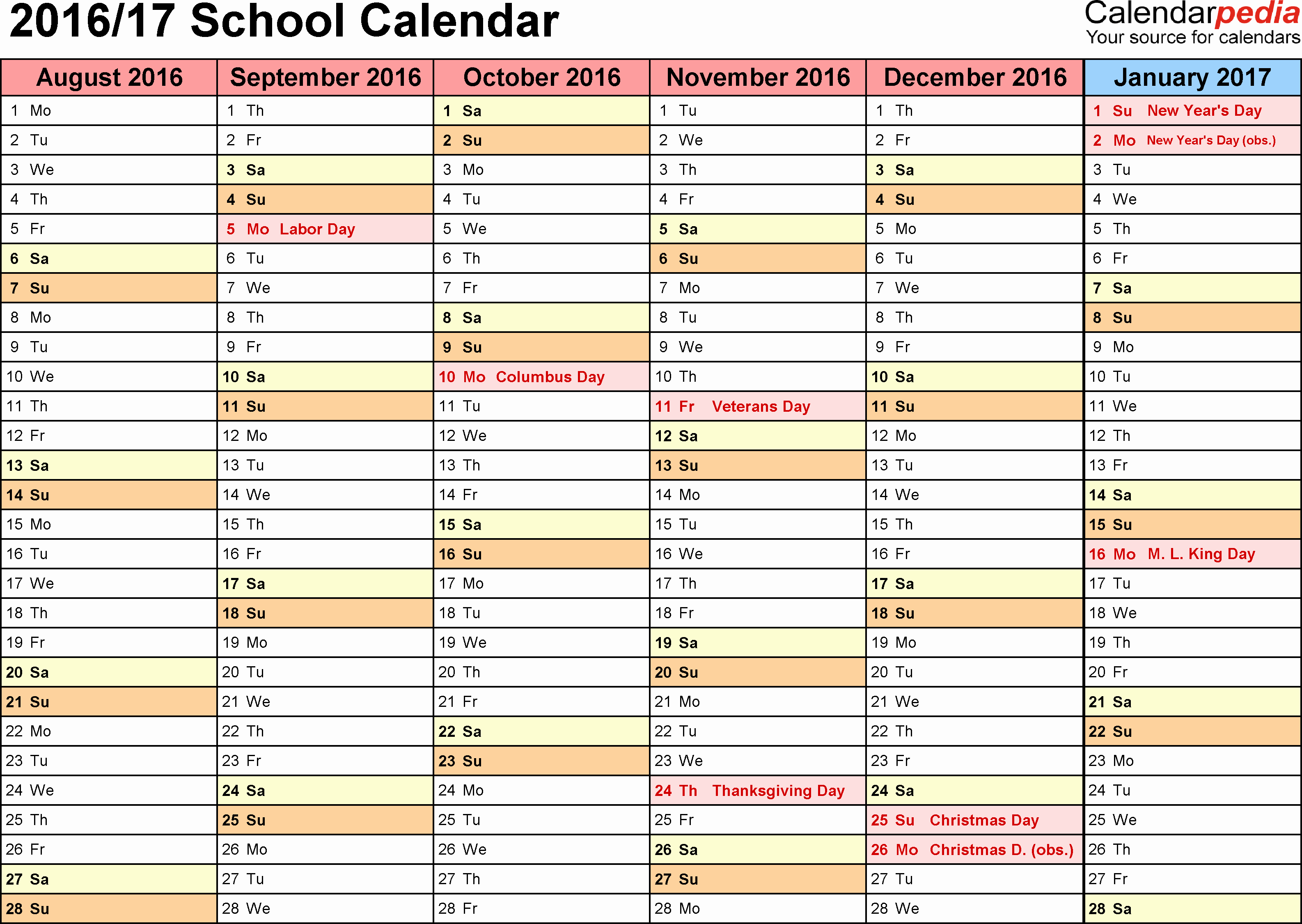 2016 2017 School Calendar Template Luxury School Calendars 2016 2017 as Free Printable Pdf Templates