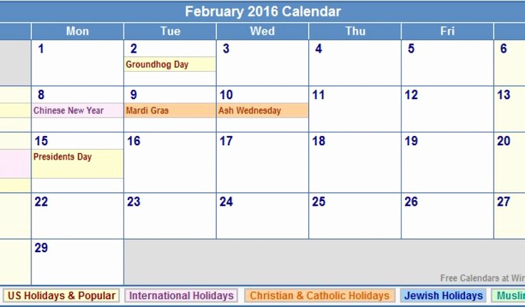 2016 Calendar Excel with Holidays Elegant February 2016 Calendar with Holidays
