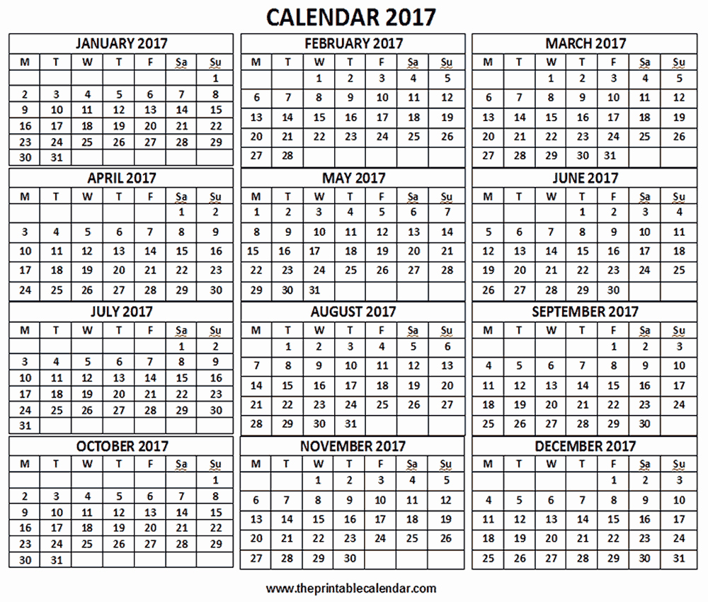 2017 12 Month Calendar Printable Awesome 2017 Calendar 12 Months Calendar On One Page Free