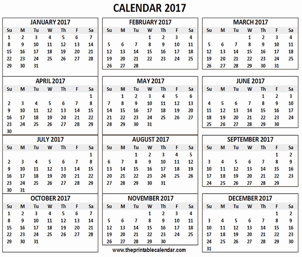 2017 12 Month Calendar Printable Fresh 2017 Calendar Printable 12 Months Calendar On One Page