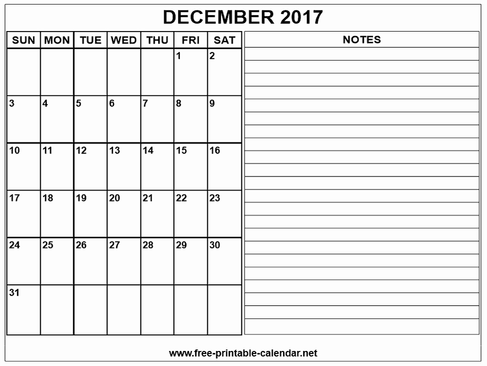 2017 Calendar Template with Notes Beautiful December 2017 Printable Calendar Waterproof