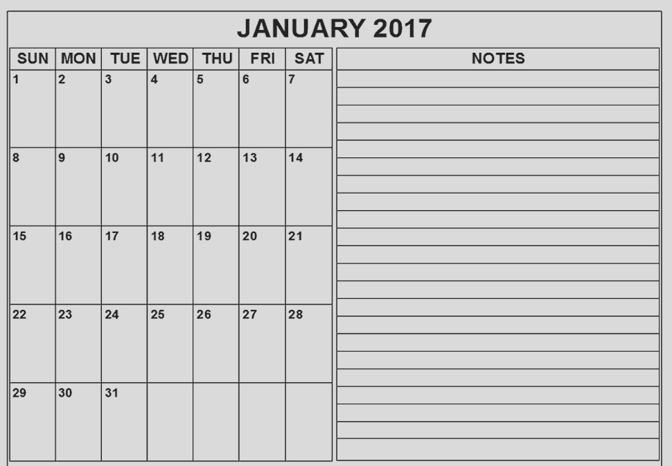 2017 Calendar Template with Notes Beautiful Printable