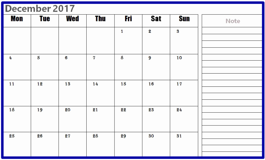 2017 Calendar Template with Notes Elegant December 2017 Calendar with Notes Printable