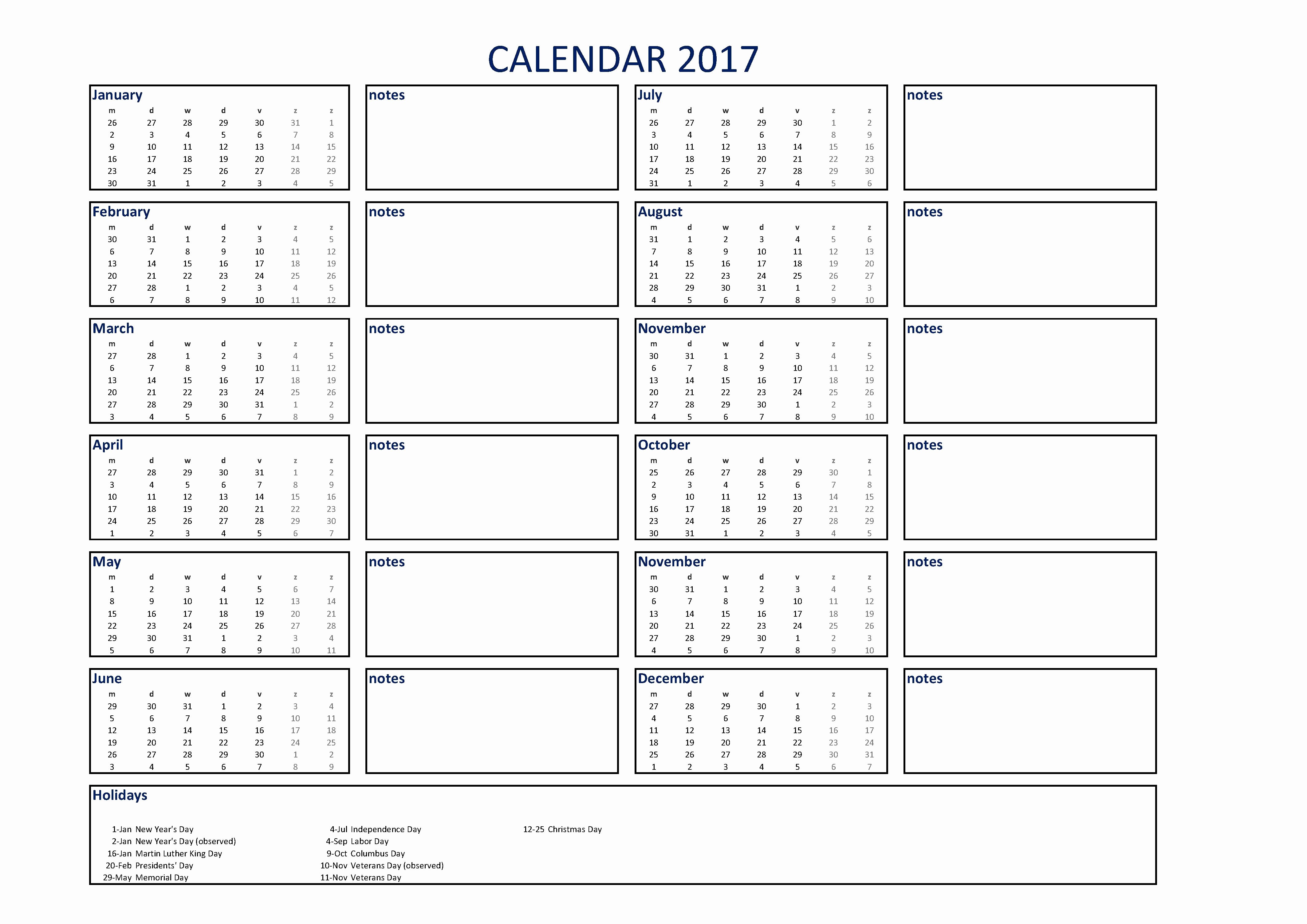 2017 Calendar Template with Notes Elegant Free Printable January 2017 Calendar Word Pdf Doc Excel