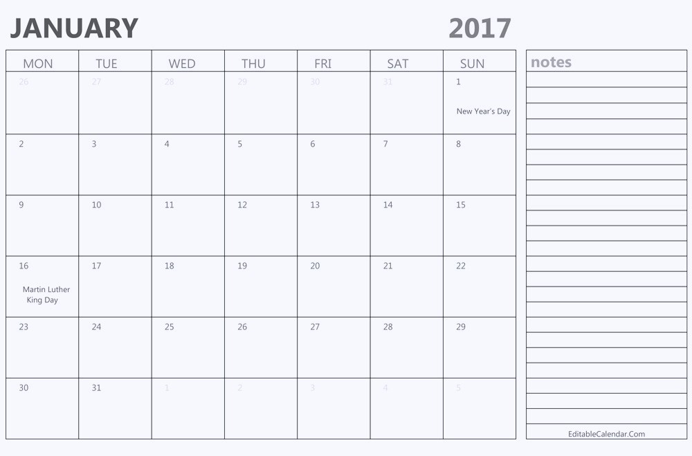 2017 Calendar Template with Notes Elegant Printable