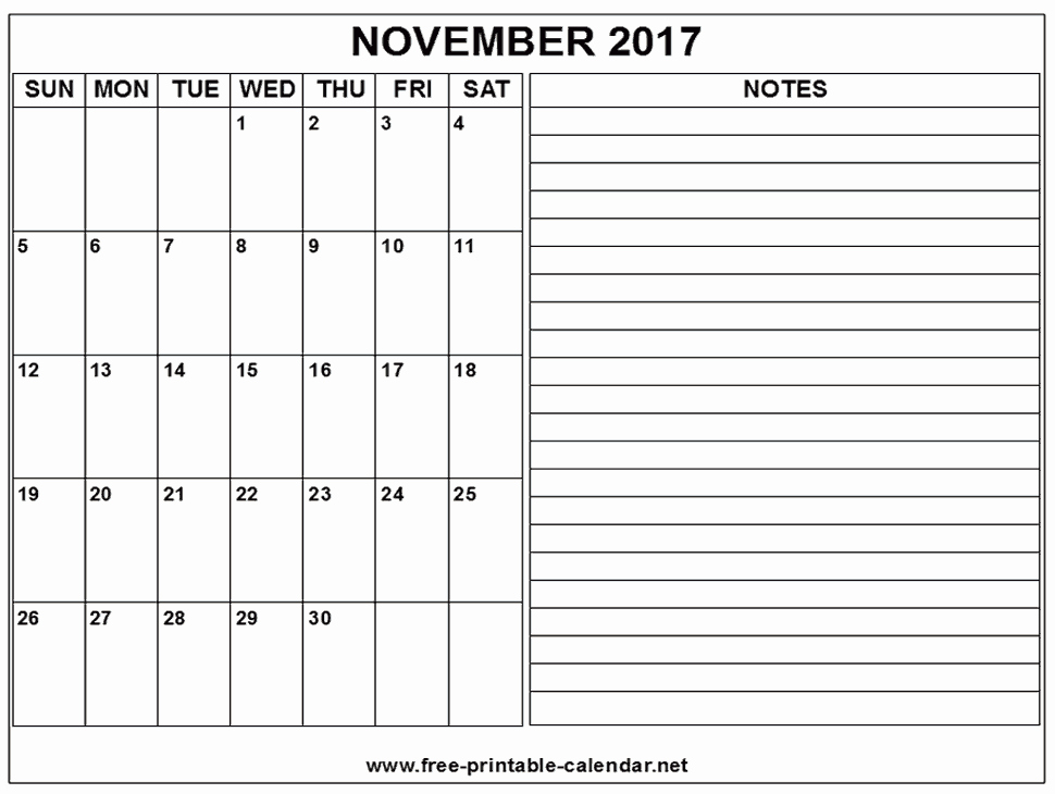 2017 Calendar Template with Notes Fresh November 2017 Printable Calendar