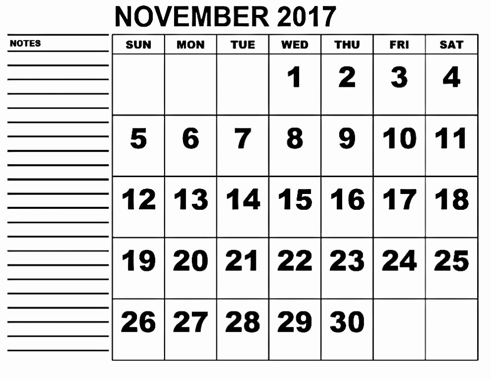 2017 Calendar Template with Notes Inspirational November 2017 Calendar with Notes