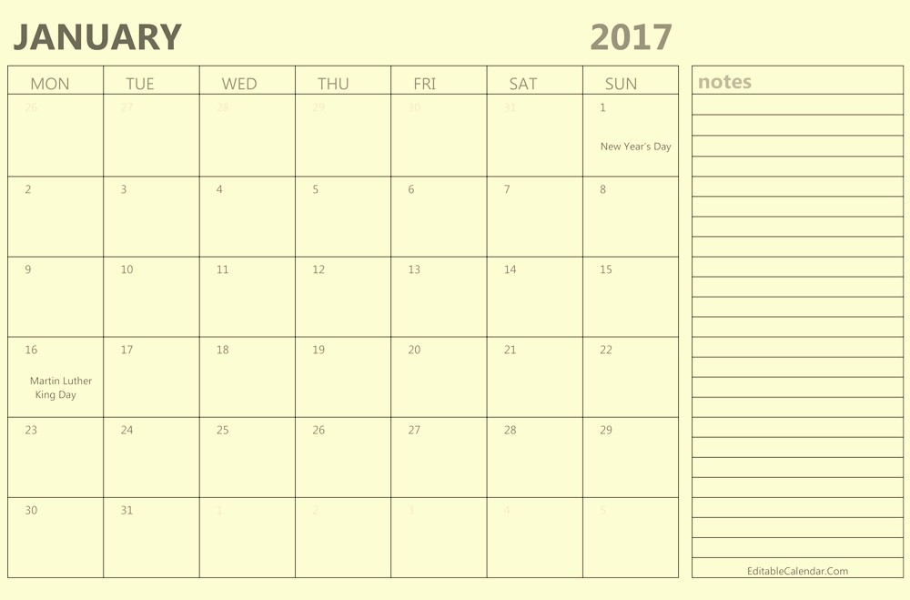 2017 Calendar Template with Notes New Calendar 2017