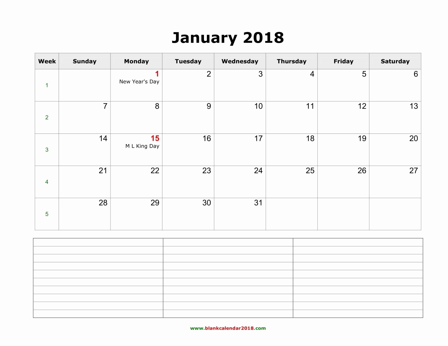2017 Calendar Template with Notes Unique Blank Calendar 2018
