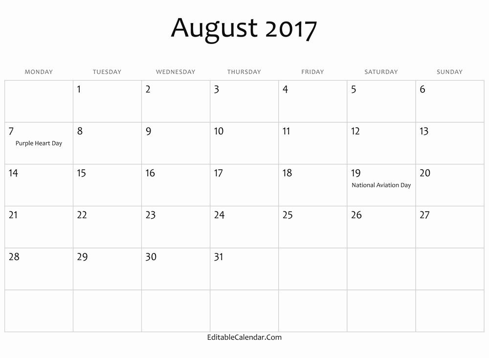 2017 Calendar with Holidays Template Beautiful August 2017 Calendar with Holidays