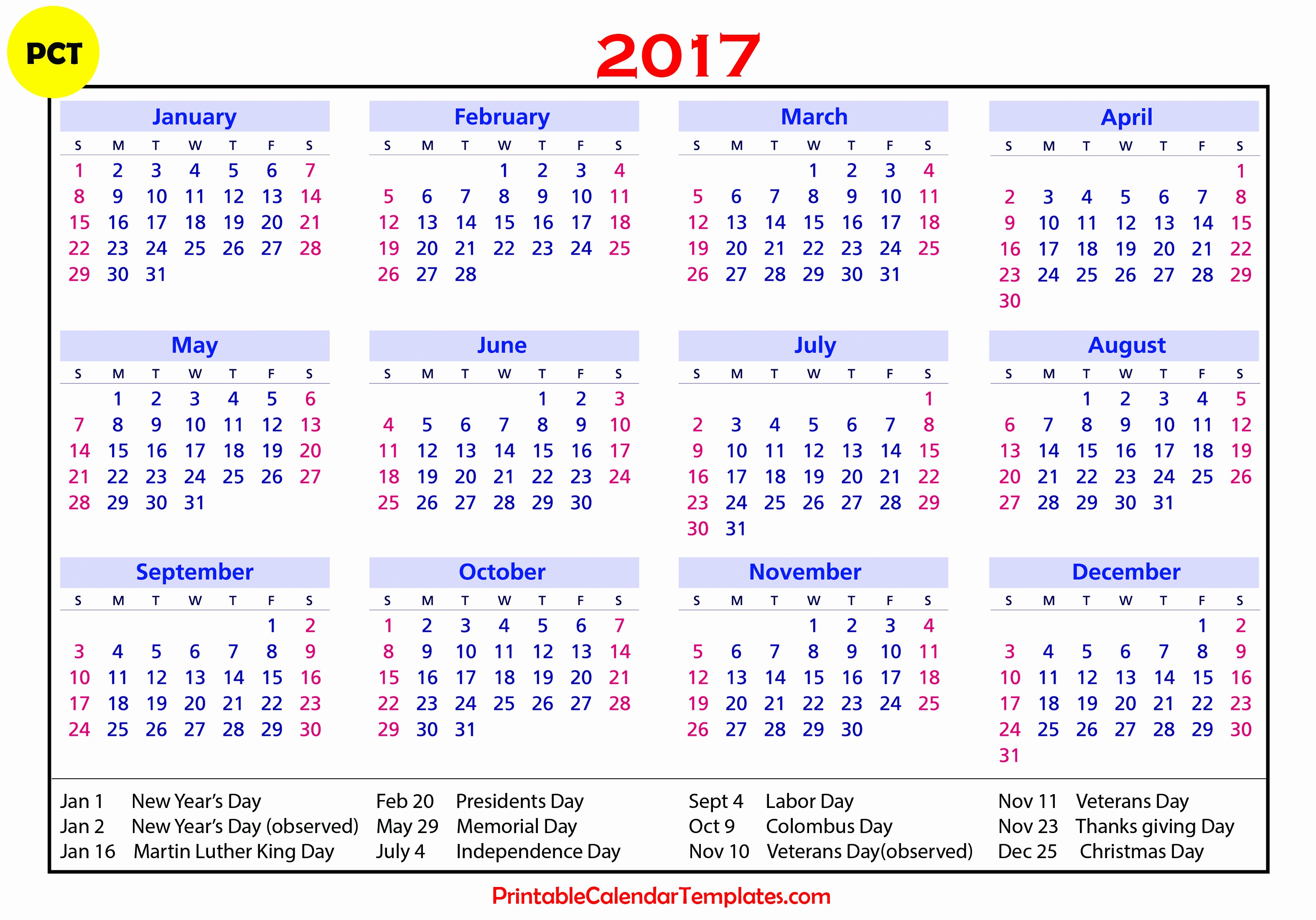 2017 Calendar with Holidays Template Elegant 2017 Calendar with Holidays