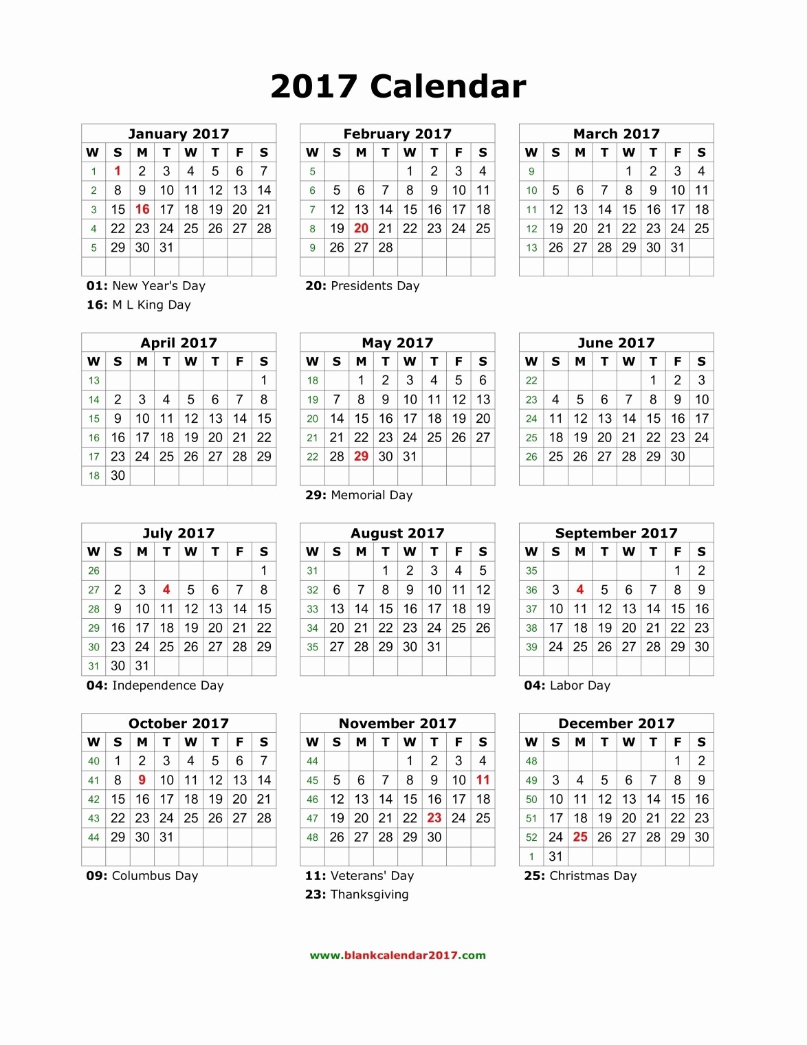 2017 Calendar with Holidays Template Elegant Blank Calendar 2017