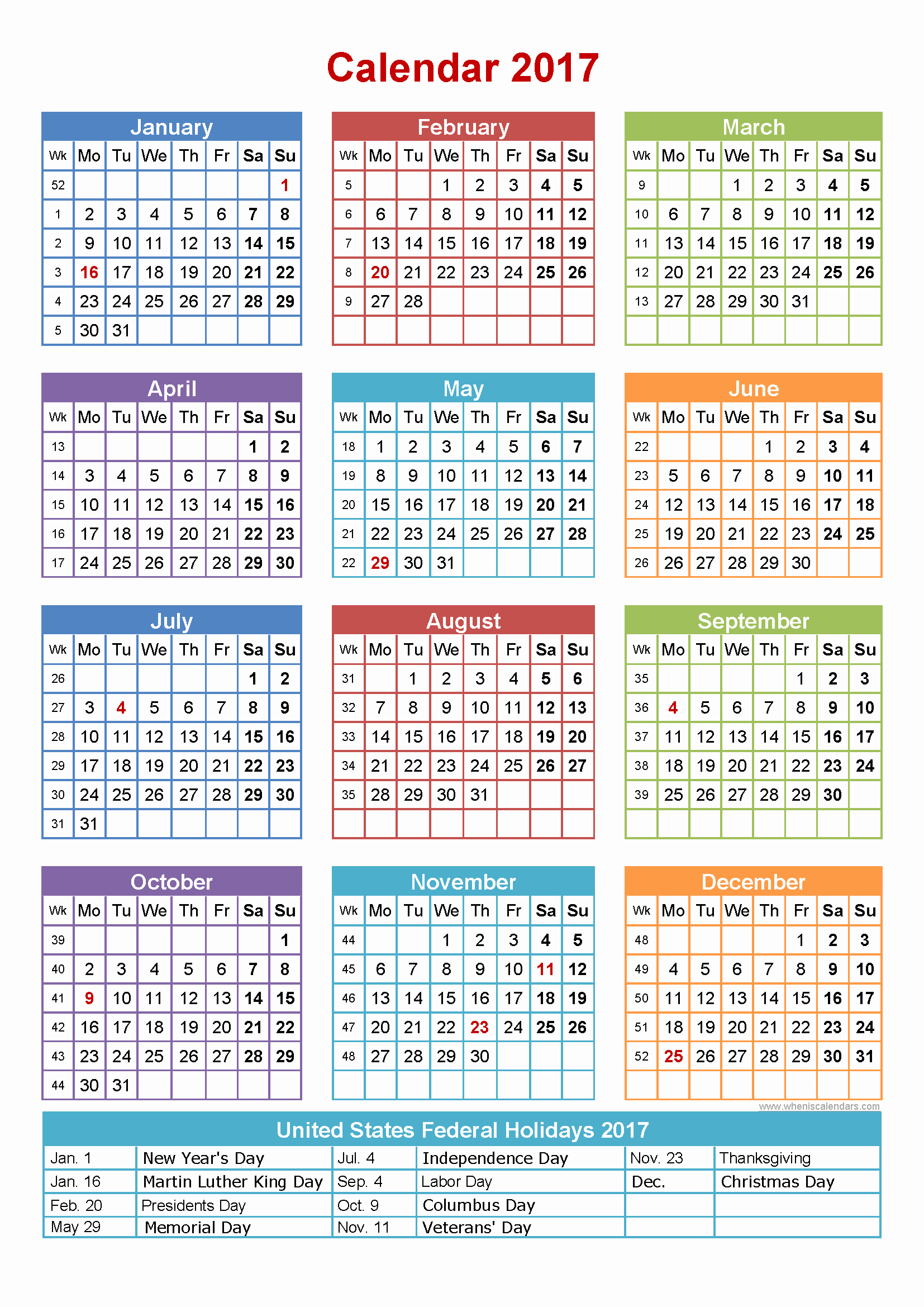 2017 Calendar with Holidays Template Elegant Free 2017 Calendar with Holidays