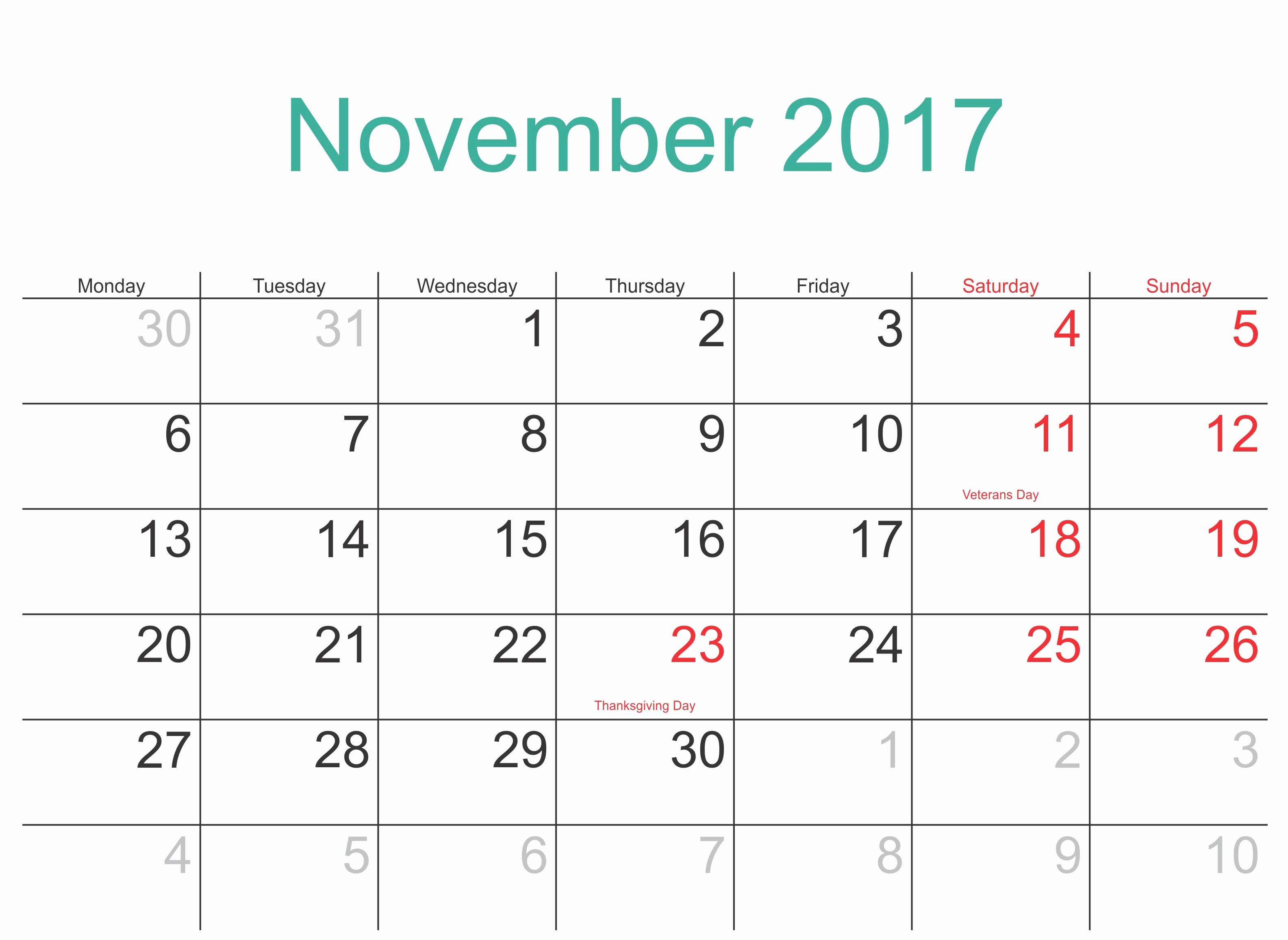 2017 Calendar with Holidays Template Inspirational November 2017 Printable Calendar Template Holidays Excel