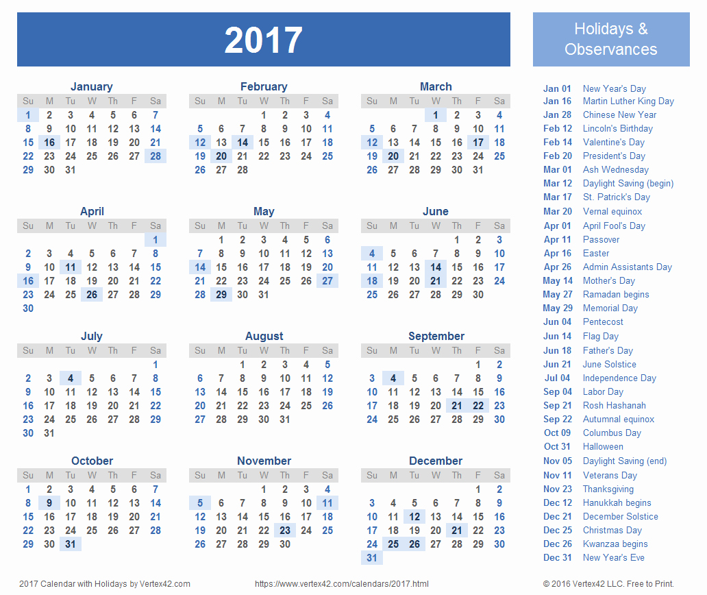 2017 Calendar with Holidays Template New 2017 Calendar Templates and