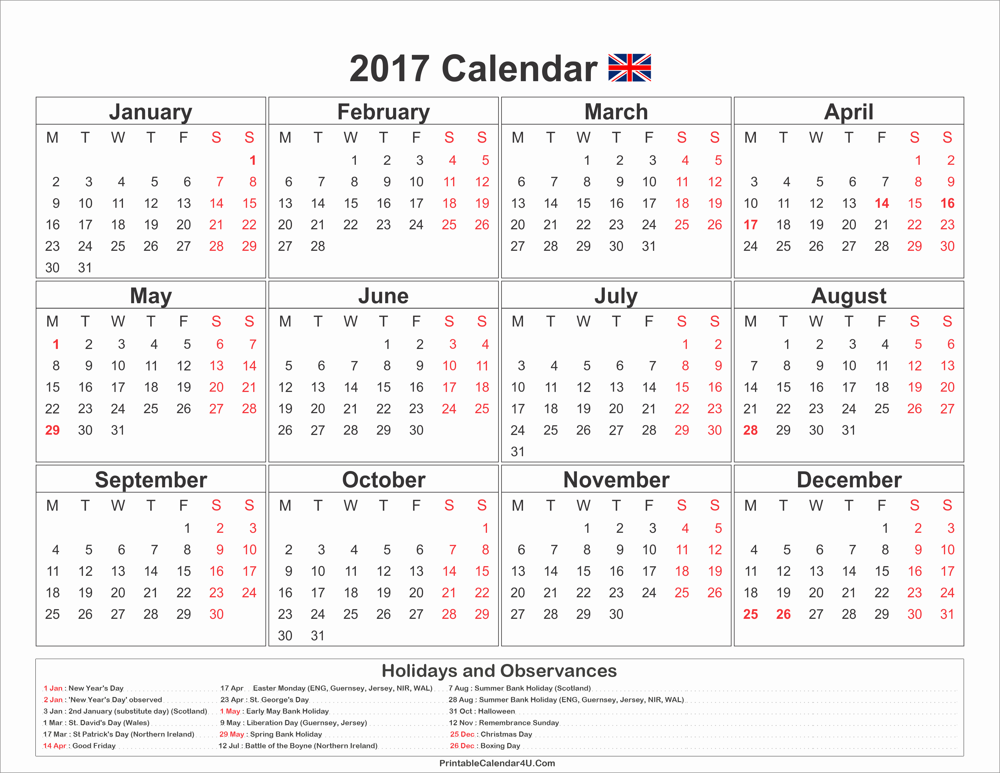 2017 Editable Calendar with Holidays Awesome 2017 Calendar Uk with Holidays Free Printable Calendar 2017
