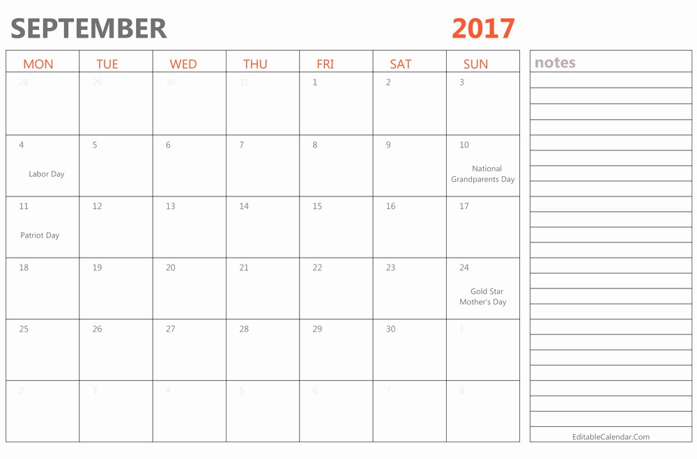 2017 Editable Calendar with Holidays Beautiful Editable September 2017 Calendar Template Ms Word Pdf