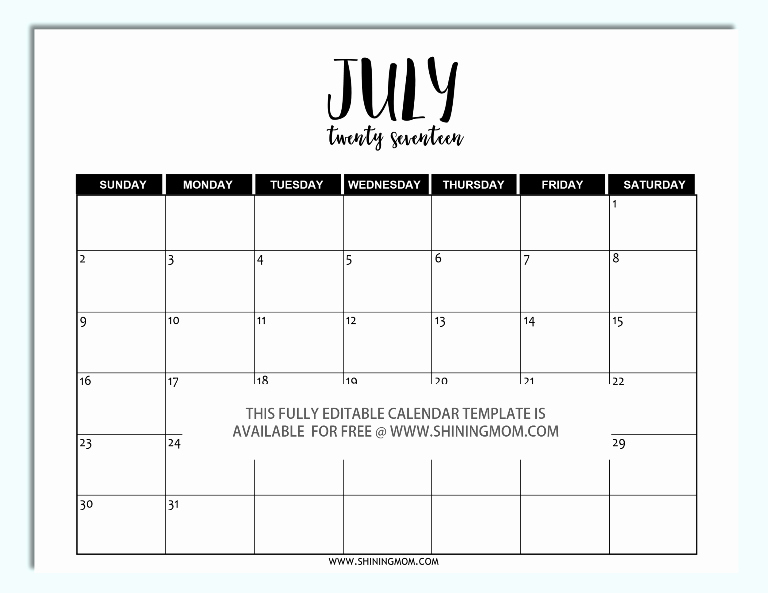 2017 Editable Calendar with Holidays Elegant Blank Monthly Calendar 2017