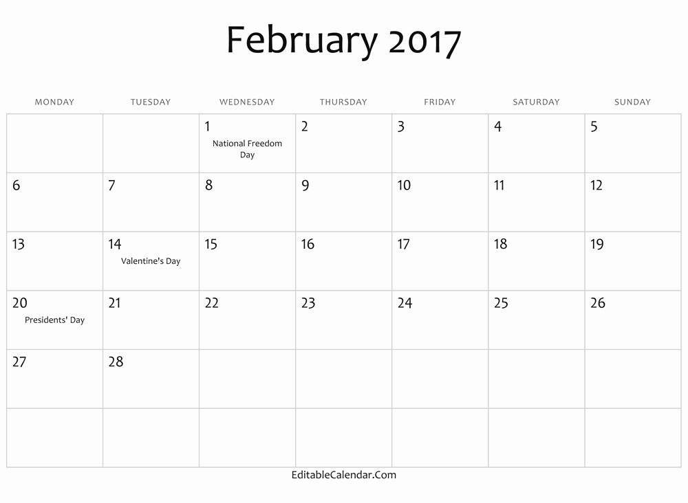 2017 Editable Calendar with Holidays Fresh 2017 February Calendar In Word Printable Monthly