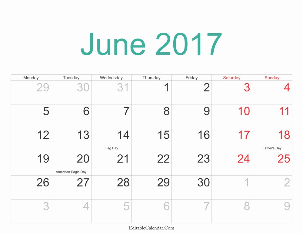 2017 Editable Calendar with Holidays Luxury June Calendar 2017 Pdf Printable Monthly Calendar 2017