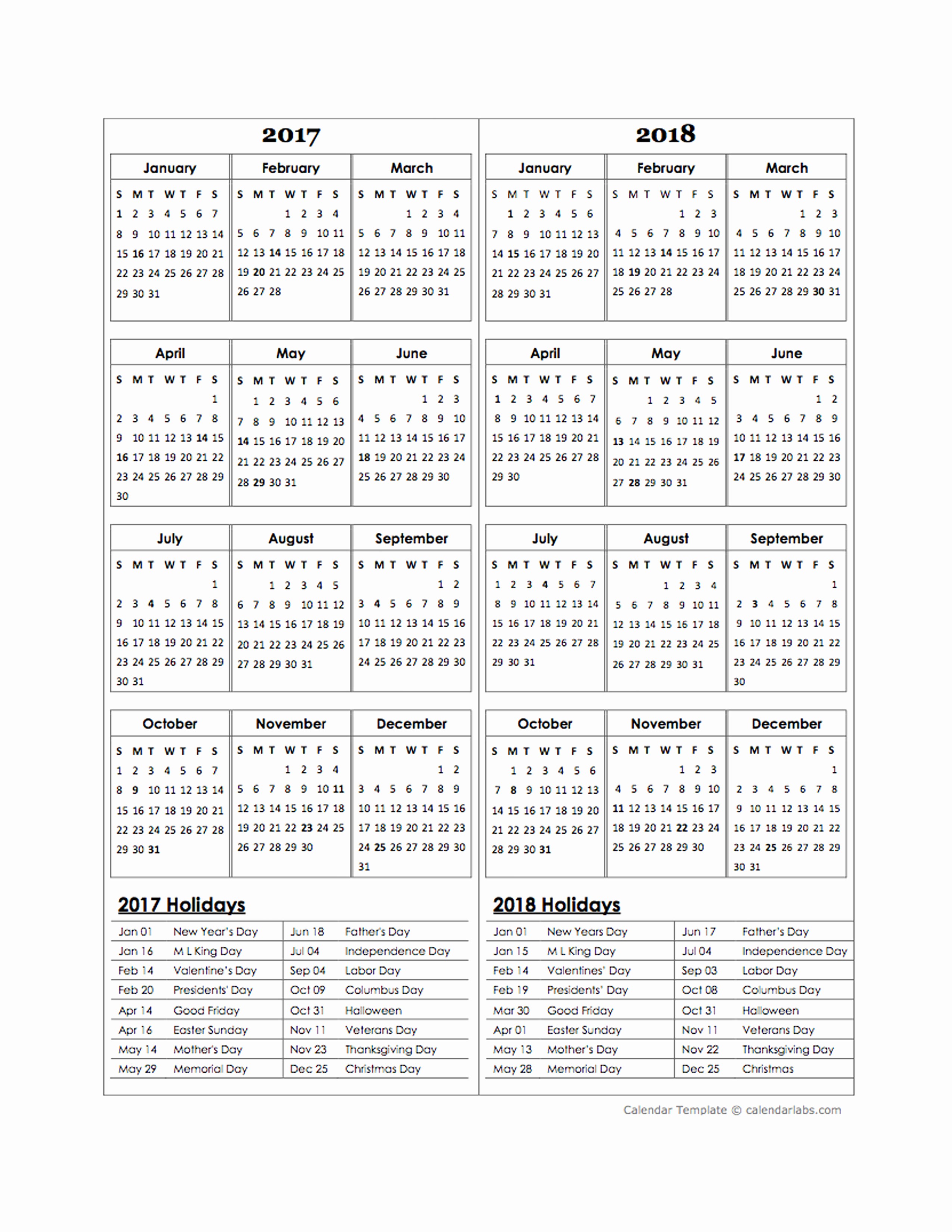 2017 Full Year Calendar Template Best Of Two Year Calendar Template 2017 and 2018 Free Printable