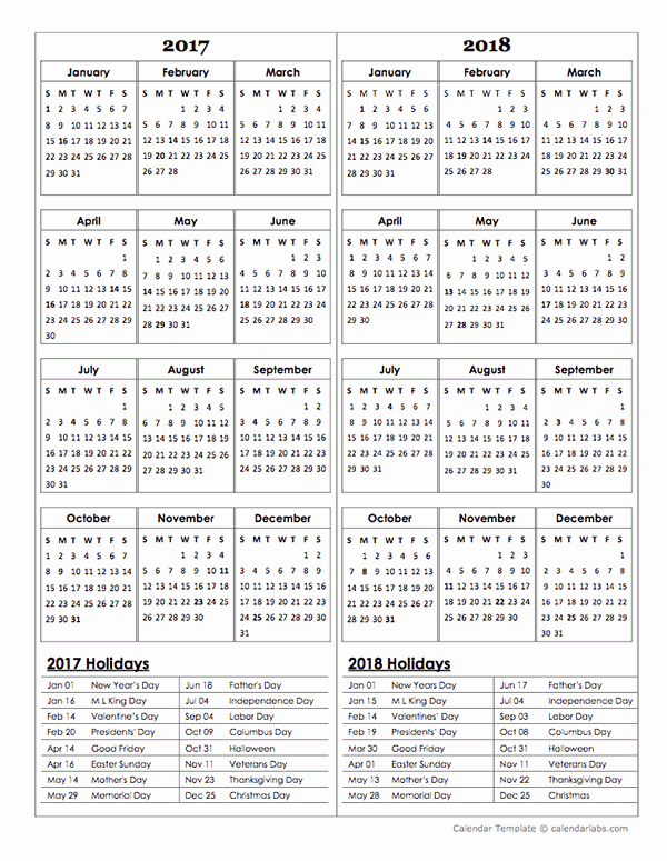 2017 Full Year Calendar Template Lovely Two Year Calendar Template 2017 and 2018 Free Printable