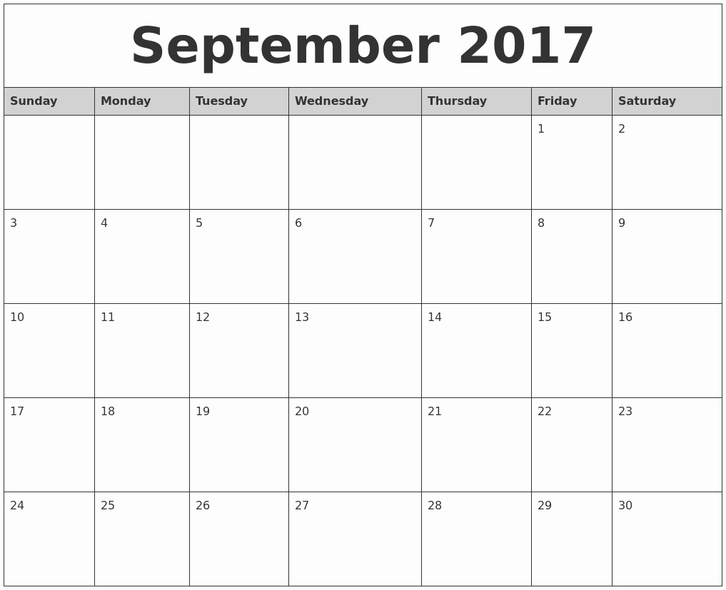 2017 Monthly Calendar Free Printable Luxury September 2017 Monthly Calendar Printable