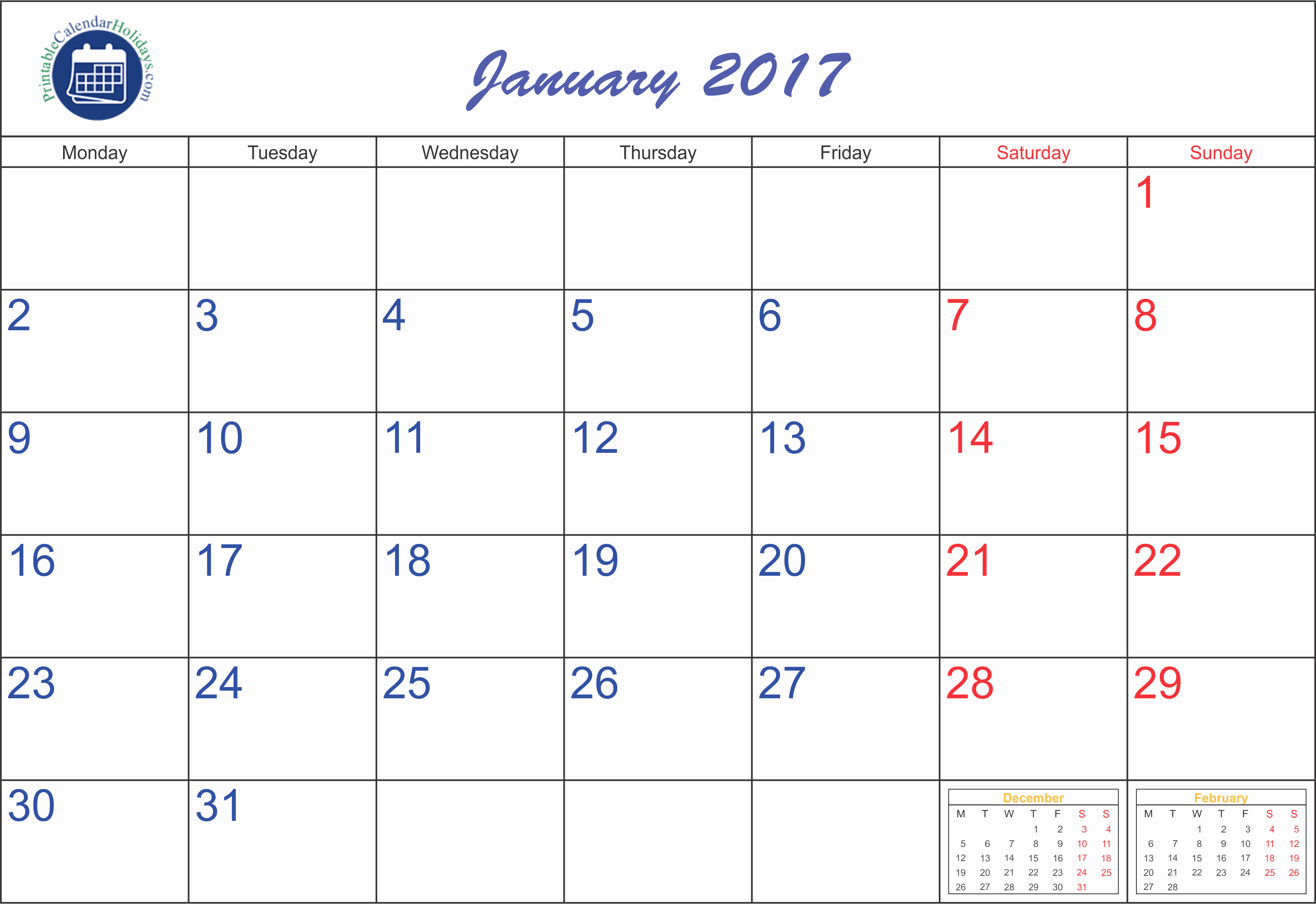2017 Monthly Calendar Free Printable New January Calendar 2017 Printable Printable 2017 2018 2019