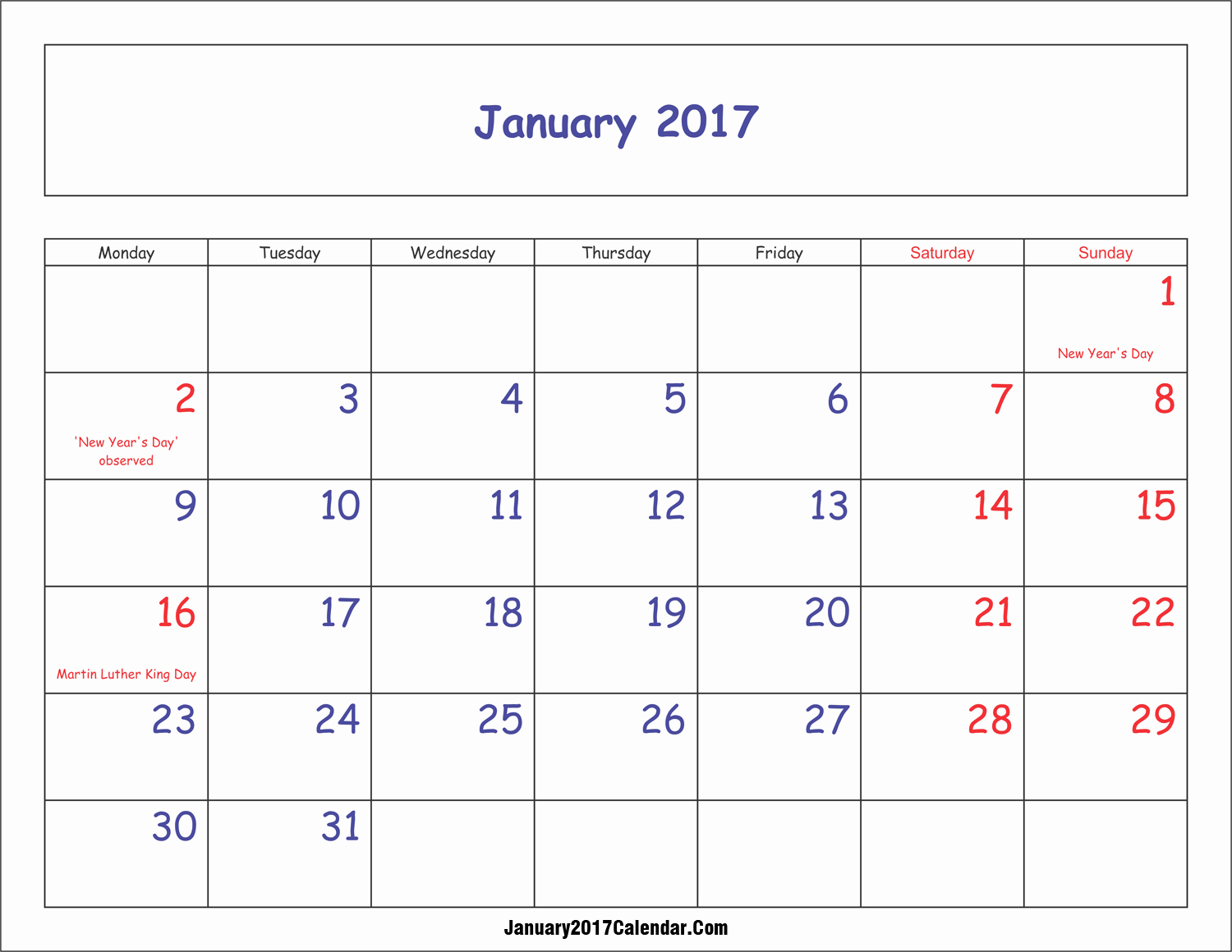 2017 Weekly Calendar with Holidays Awesome Calendar with Holidays Listed