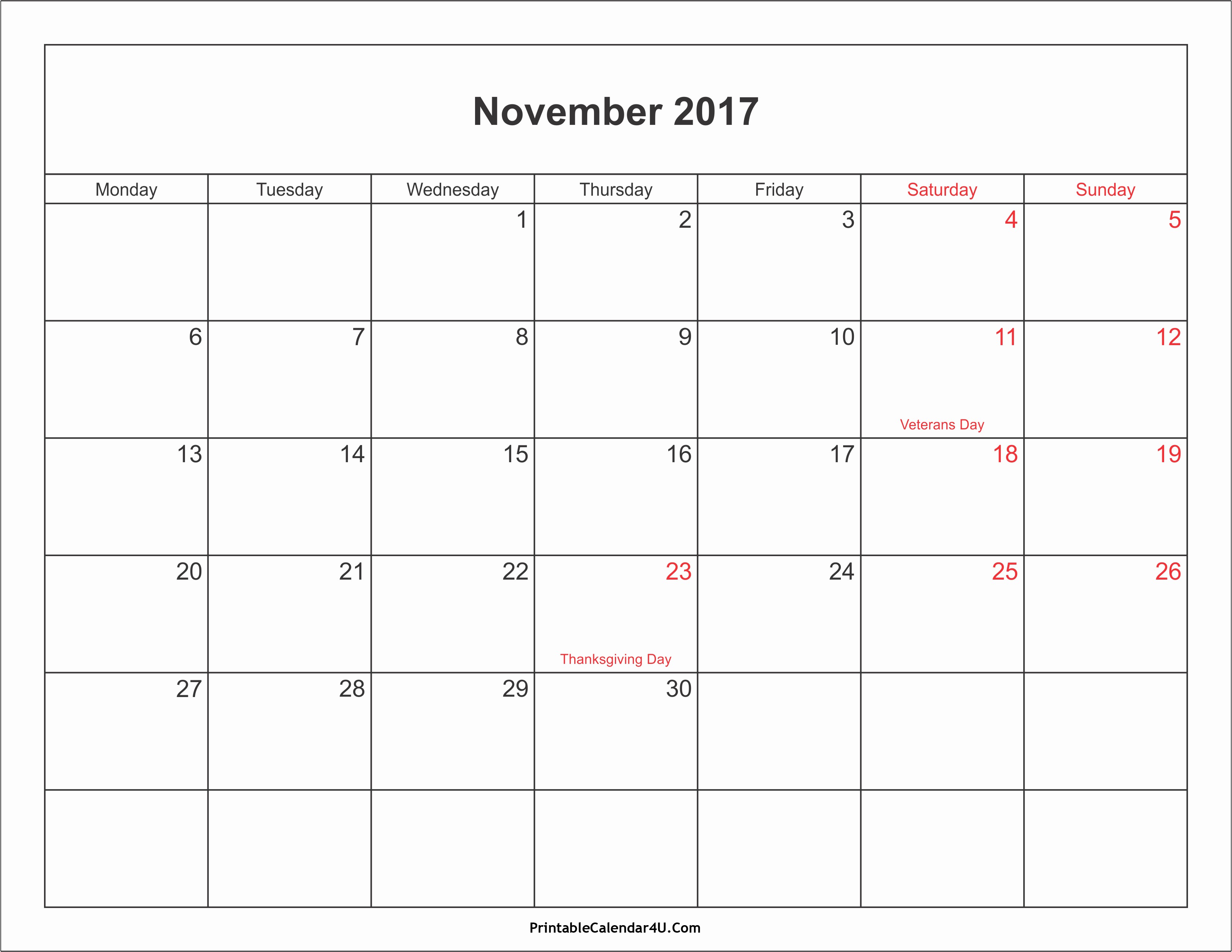 2017 Weekly Calendar with Holidays Elegant November 2017 Calendar Pdf
