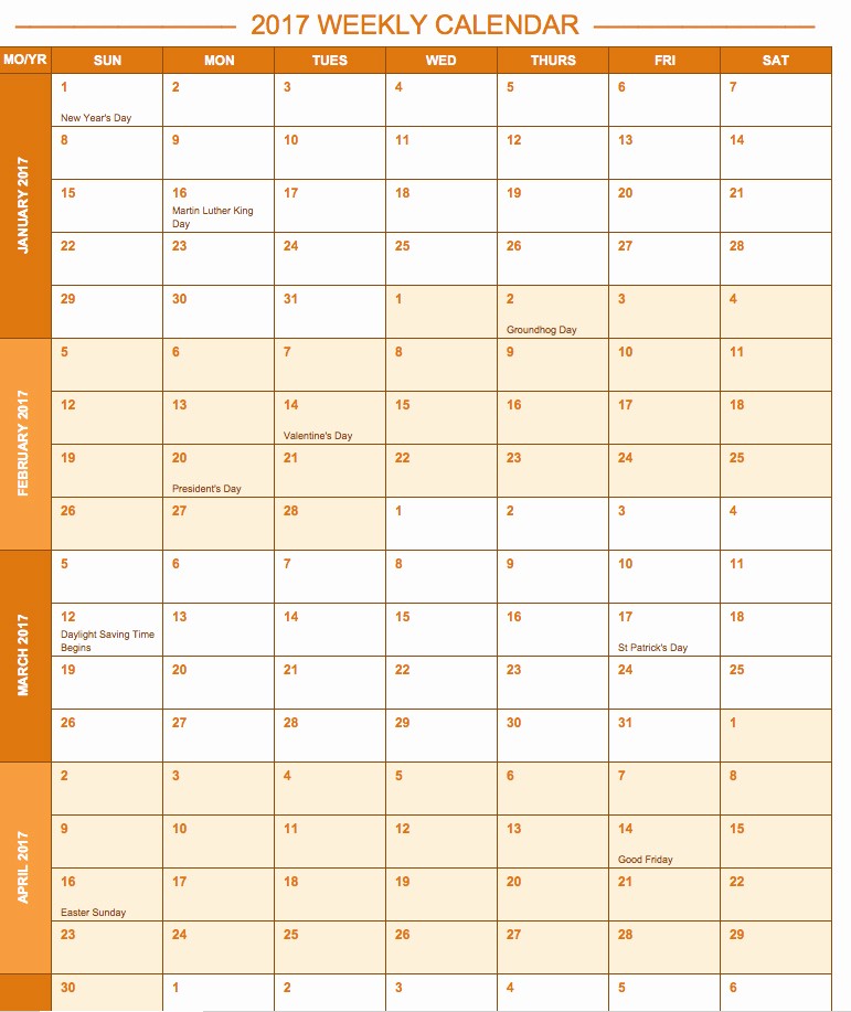 2017 Weekly Calendar with Holidays Fresh Free Excel Calendar Templates