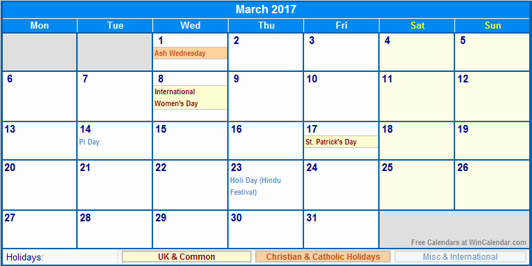 2017 Weekly Calendar with Holidays Fresh March 2017 Calendar with Holidays