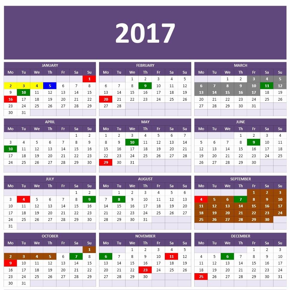 2017 year and monthly calendar