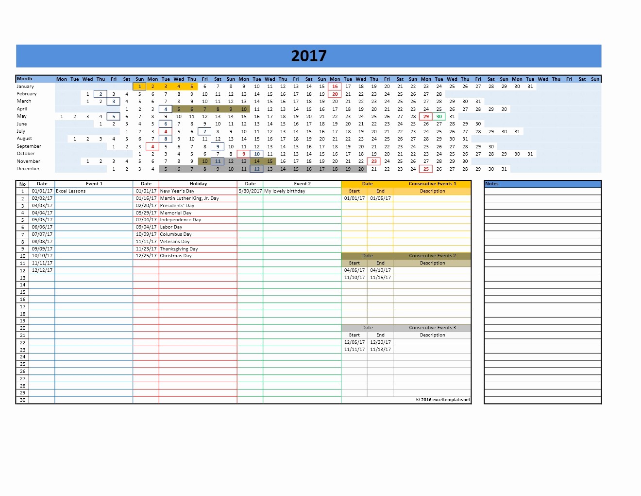 2017 Yearly Calendar Excel Template New 2017 and 2018 Calendars