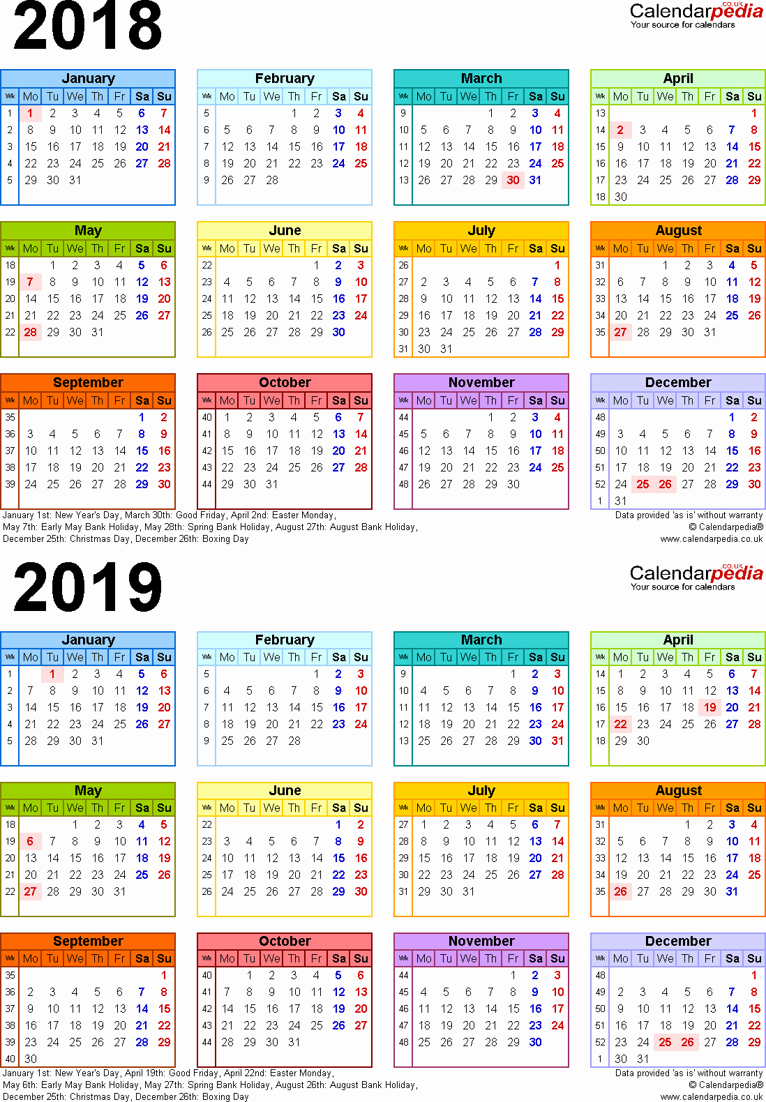 2018 and 2019 Printable Calendar Awesome Calendars 2018 2019 Two Year Free Other
