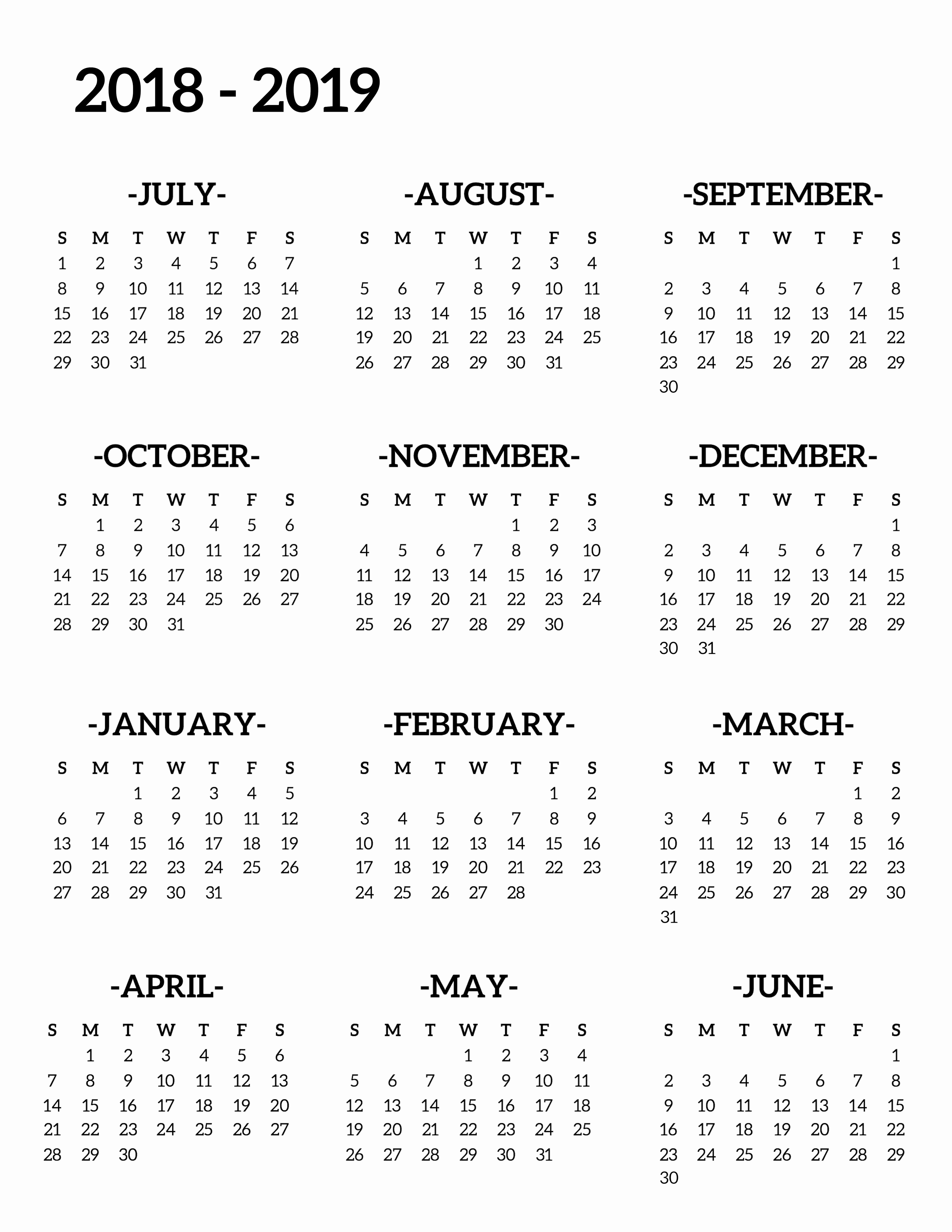 2018 and 2019 Printable Calendar Lovely 2018 2019 School Calendar Printable Free Template Paper