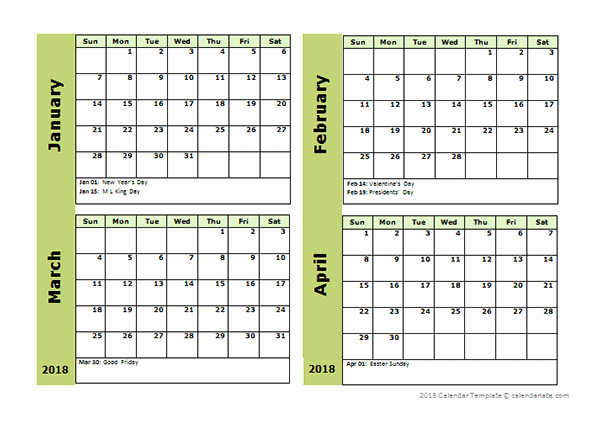 2018 Four Month Calendar Template New 2018 Four Month Calendar Template Free Printable Templates