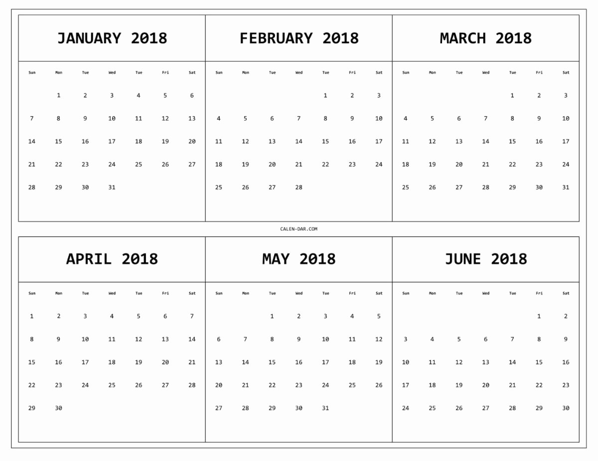 2018 Four Month Calendar Template New 6 Month E Page Printable Calendar 2018