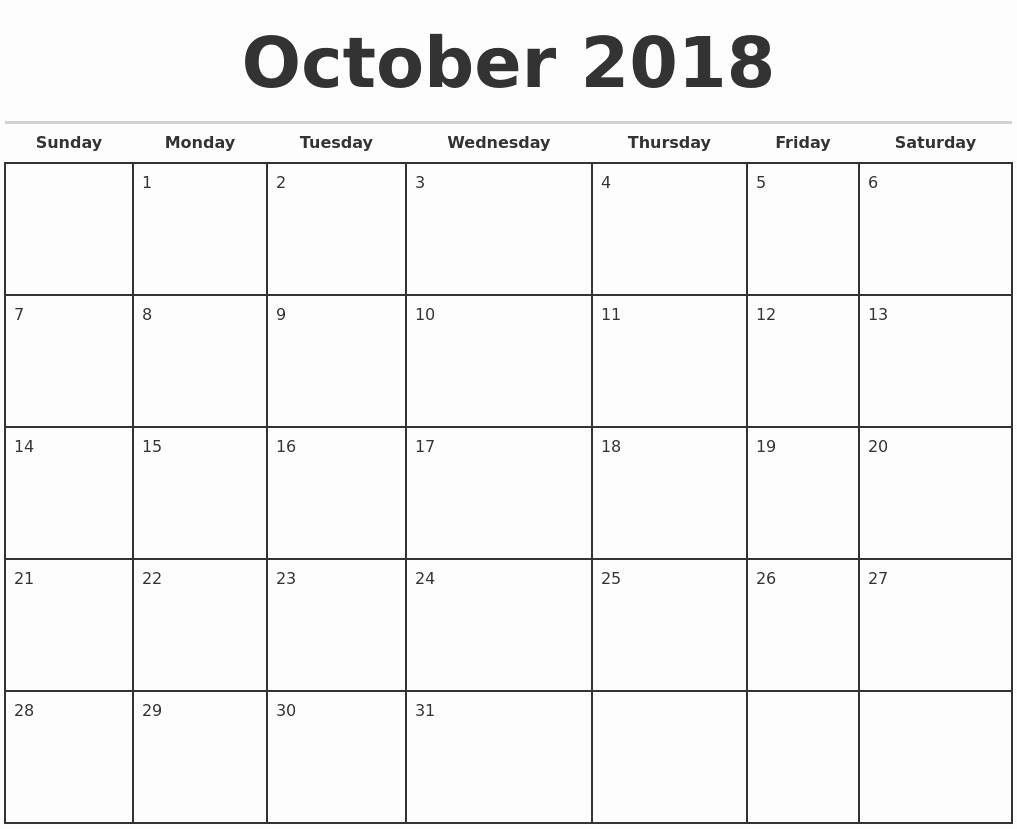 2018 Month by Month Calendar Beautiful October 2018 Monthly Calendar Template
