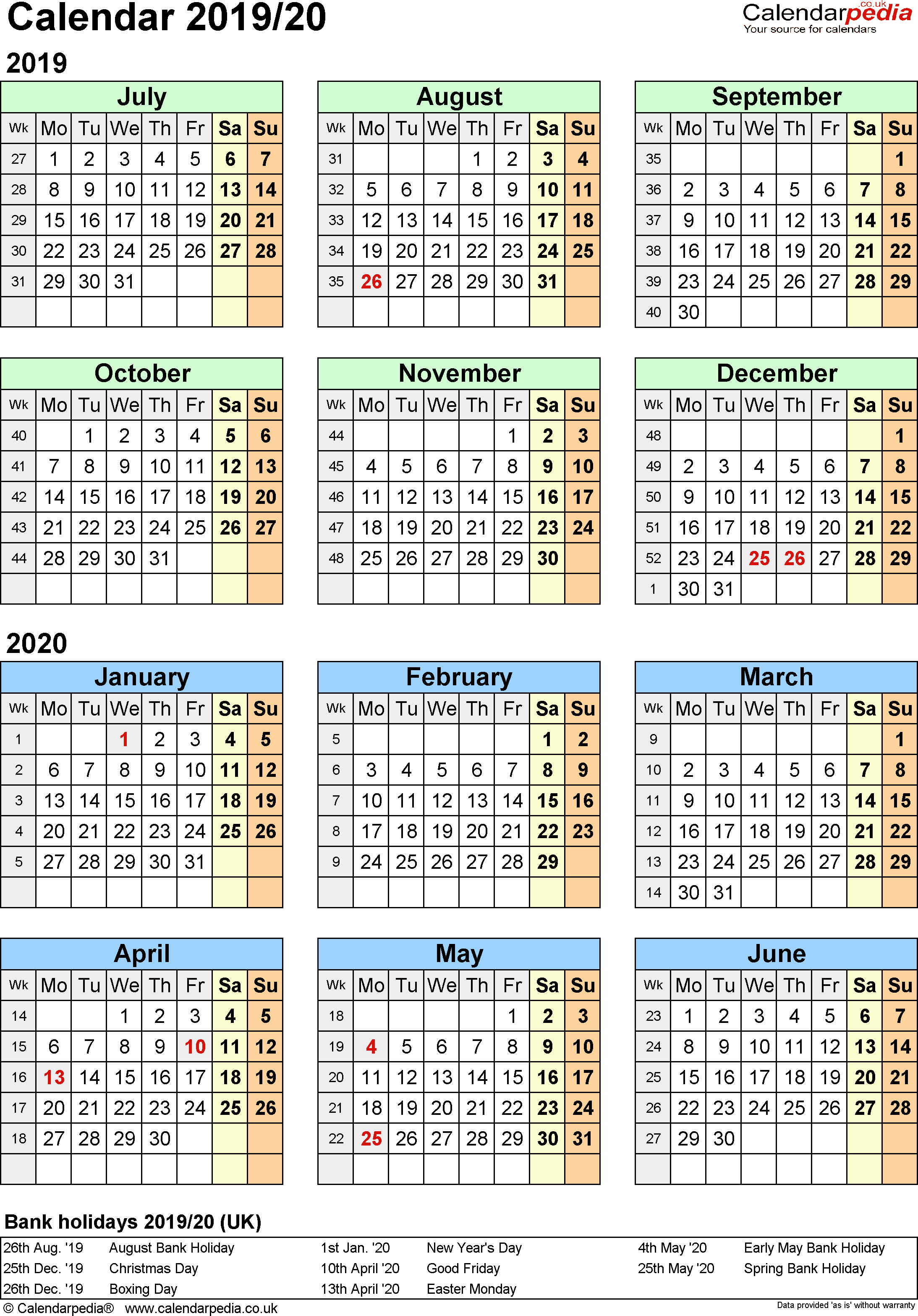 2019 and 2020 Calendar Printable Lovely Split Year Calendars 2019 20 July to June for Pdf Uk
