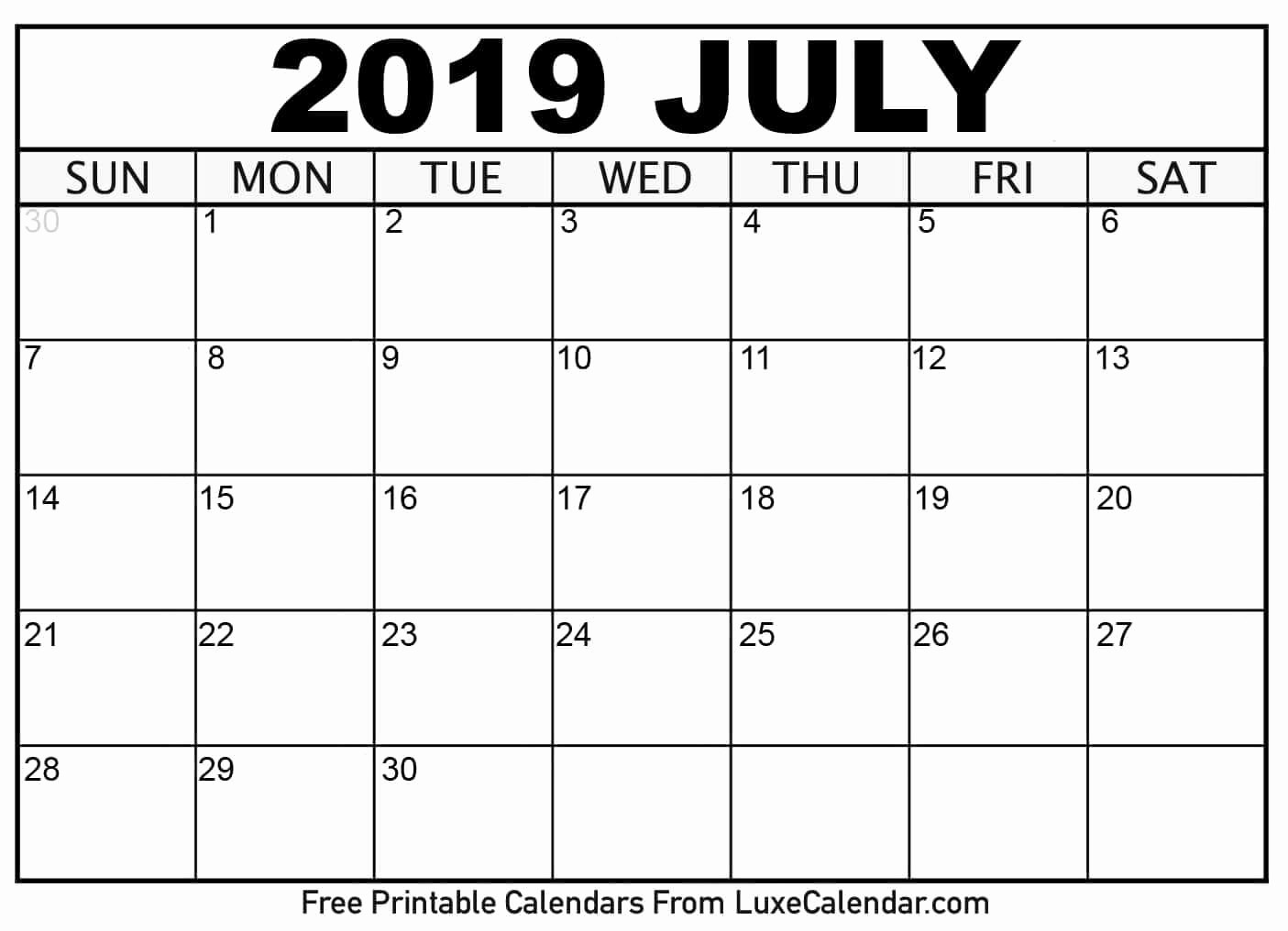 2019 Printable Calendar by Month Awesome Blank July 2019 Printable Calendar Luxe Calendar