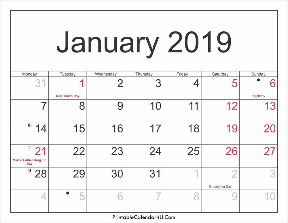 2019 Word Calendar with Holidays Beautiful January 2019 Calendar with Holidays