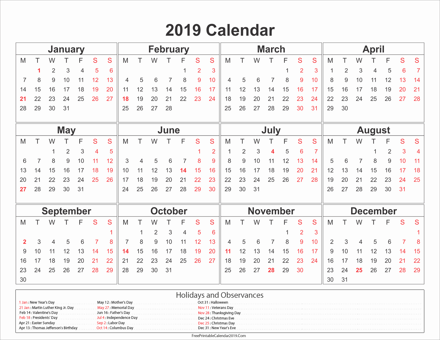 2019 Word Calendar with Holidays Best Of Free Printable 2019 Calendar with Holidays Lacalabaza